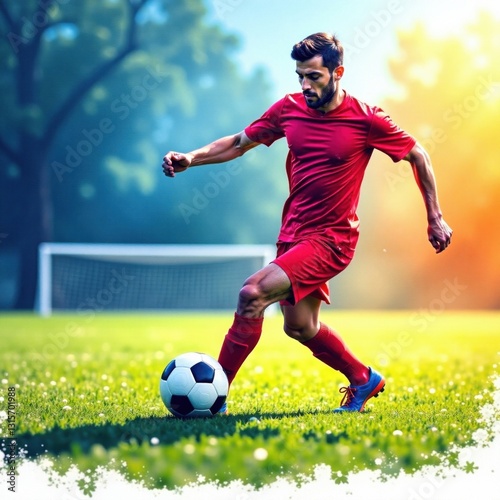 Soccer player kicking ball into watercolor painting, dynamic composition, sporty scene , artistic style