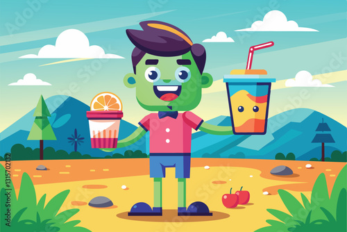 A cartoon character holds two colorful drinks while standing in a sunny outdoor landscape, Refreshing Customizable Cartoon Illustration