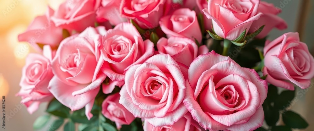A captivating bouquet of pink roses in soft, warm light, showcasing a variety of delicate shades, soft light, summer A captivating bouquet of pink roses in soft, warm light, showcasing a variety of delicate shades, soft light, summer