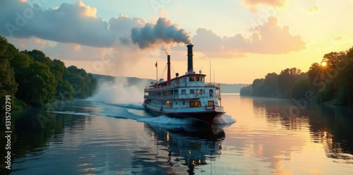 Steamboat chugging upstream on the Mississippi River, minnesota, river