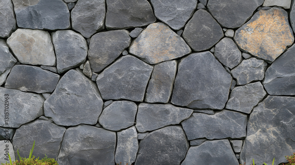 Fototapeta premium Gray stone wall with irregularly shaped rocks and deep cracks forming a rugged textured background UHD 4K Image