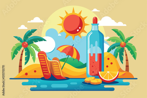 People relax at a beach enjoying drinks and snacks while soaking up the sun on a hot summer day, Refreshing from summer heat Customizable Flat Illustration
