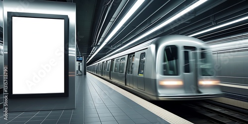 Fototapeta Naklejka Na Ścianę i Meble -  Blank advertising billboard in a modern subway station with a moving train in the background, ideal mockup space for urban advertising, branding, or commercial promotions

