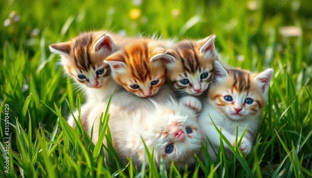A fluffy ball of kittens tumbling in vibrant green grass, kittens, meadow