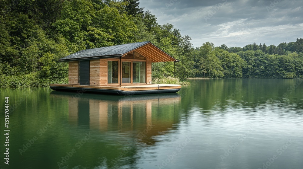 Floating house on a tranquil lake, contemporary and nature-integrated Floating house on a tranquil lake, contemporary and nature-integrated