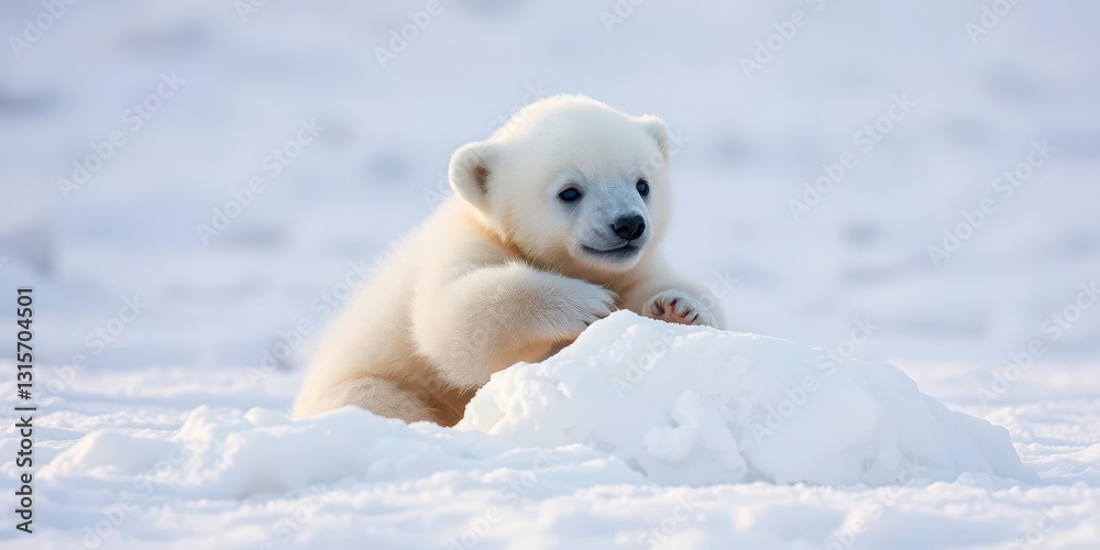 A fluffy white polar bear cub, playfully batting at a snowdrift, snowflake, nature A fluffy white polar bear cub, playfully batting at a snowdrift, snowflake, nature