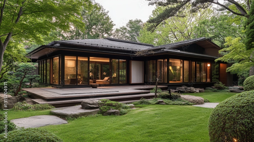 Japanese Zen-inspired home, serene atmosphere, natural elements Japanese Zen-inspired home, serene atmosphere, natural elements