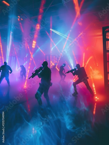 Dynamic laser tag arena with neon lights and players engaged in action during an exciting match