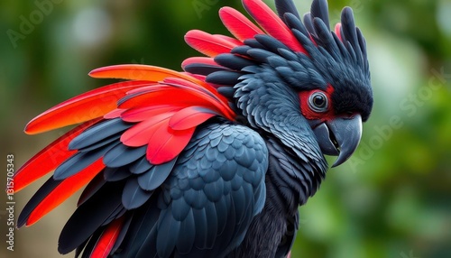 A large black cockatoo, Calyptorhynchus banksii, preens its vibrant red tail feathers, beak, birdcare photo