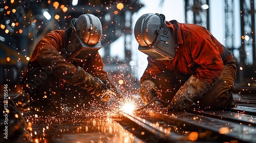 Welders repair offshore oil rig platform