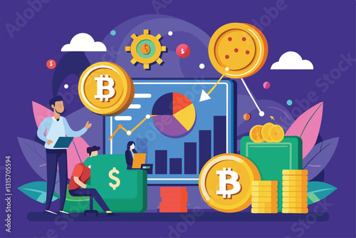 Professionals analyze Bitcoin market trends using charts and digital currency symbols in a modern workspace, regarding bitcoin business