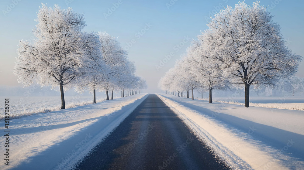 Snow Covered Trees Lining Winter Road Snow Covered Trees Lining Winter Road