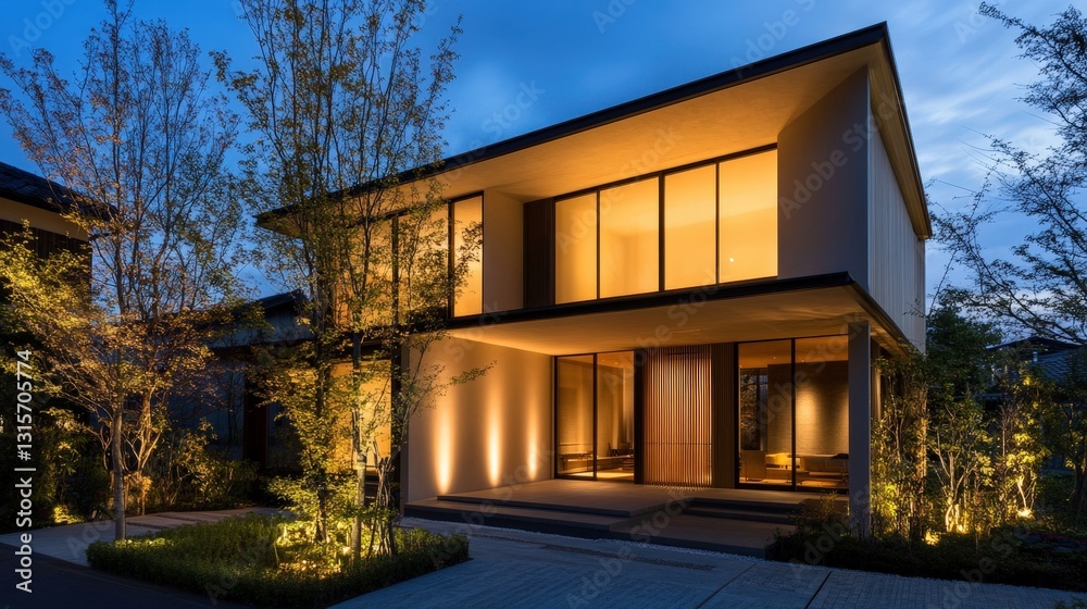 Fototapeta premium Minimalist modern house with warm lighting, elegant and peaceful