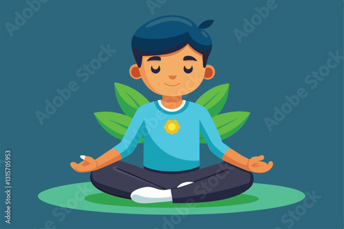 A boy sits cross-legged, meditating peacefully with closed eyes in a serene green setting, Relaxation Customizable Cartoon Illustration