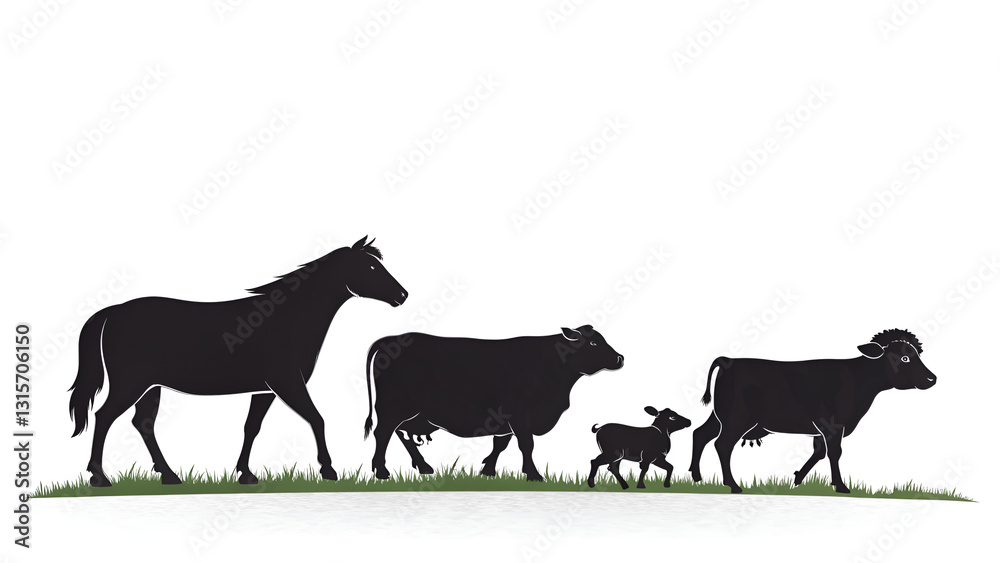 Fototapeta premium Farm Animals Silhouettes Vector, Vector Farm Animals Silhouettes Isolated on White