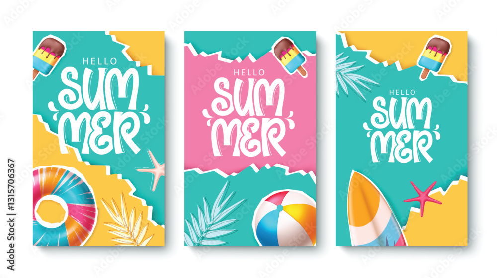 Summer poster set design. Hello summer greeting text with summer vector element in colorful abstract background. Vector illustration. Summer poster set design. Hello summer greeting text with summer vector element in colorful abstract background. Vector illustration.