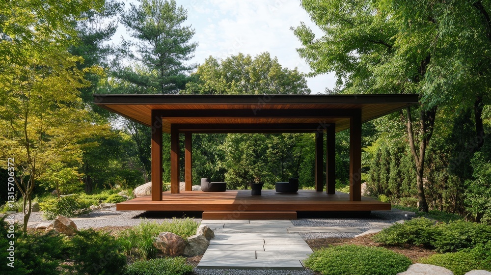 Open-air pavilion with a minimalist aesthetic, peaceful garden setting Open-air pavilion with a minimalist aesthetic, peaceful garden setting
