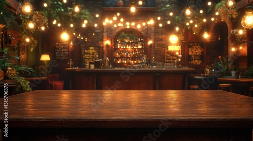 Rustic bar top, dimly lit,  drinks,  plants.  Empty tabletop photo