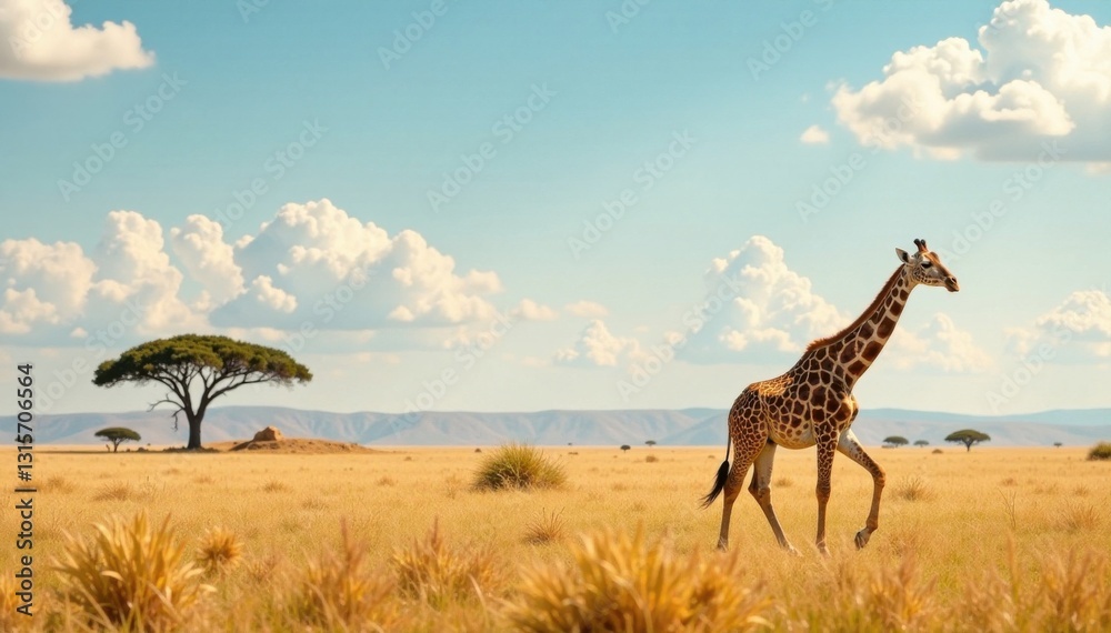Obraz premium Towering giraffe roams savannah, wildlife, giraffe, grassland