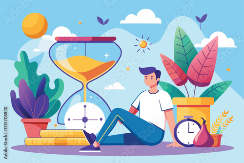 A young man sits calmly next to an hourglass, surrounded by vibrant plants and a sunny atmosphere, Relax forget time trending