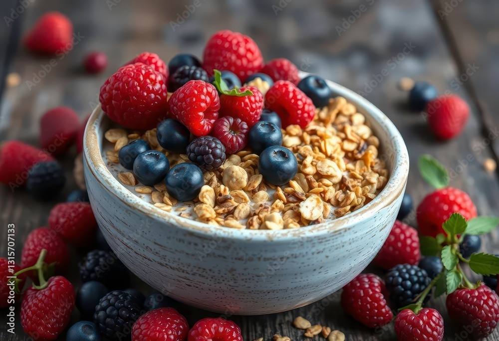 A rustic bowl overflowing with muesli and vibrant berries, bowl of muesli, homemade A rustic bowl overflowing with muesli and vibrant berries, bowl of muesli, homemade