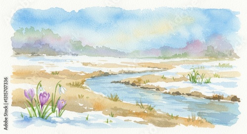 雪解けに咲く花の春の水彩画