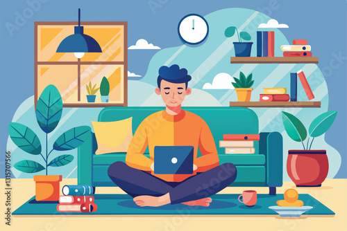 A person sits cross-legged on the floor, focused on a laptop in a cozy living space decorated with plants, Relaxing at home Customizable Flat Illustration