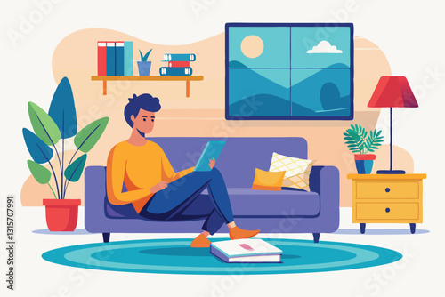 A young man is sitting comfortably on a couch, reading a book in a cozy and inviting living room, Relaxing at home Customizable Semi Flat Illustration