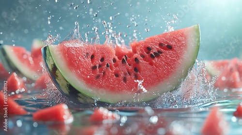 A vibrant watermelon slice splashes in water, showcasing freshness and summer vibes.