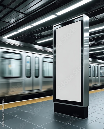 Blank advertising billboard in a modern subway station with a moving train in the background, ideal mockup space for urban advertising, branding, or commercial promotions

