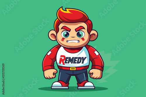 A cartoon character with red hair stands confidently with arms crossed, ready for action, Remedy Customizable Cartoon Illustration
