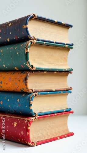 Whimsical hand-colored stack of books with unique textures, creative, colors, texture