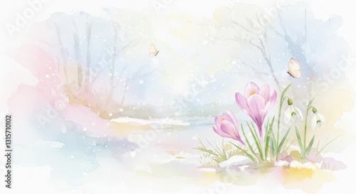 雪解けの小川に咲く花と蝶の春の水彩画