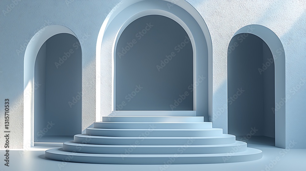 White arched room, steps, sunlight, product display White arched room, steps, sunlight, product display