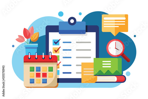 A clipboard displays customizable reminders alongside a calendar, clock, and colorful office supplies, Reminders Customizable Semi Flat Illustration