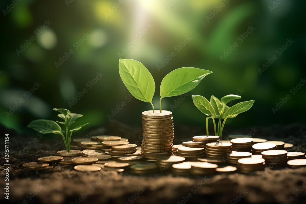A pile of coins with small green trees sprouting leaves. A pile of coins with small green trees sprouting leaves.