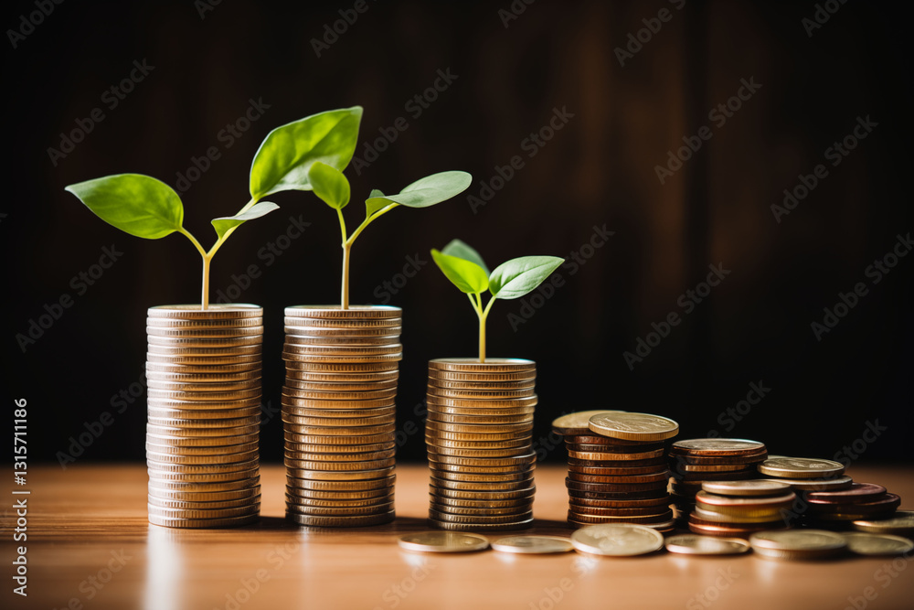 A pile of coins with small green trees sprouting leaves. A pile of coins with small green trees sprouting leaves.