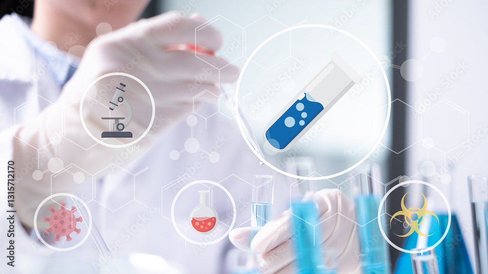 Close-up scientist drop pipette blue liquid test tube science research biology chemistry chemical experiment microscope virus flask dna biohazard Close-up scientist drop pipette blue liquid test tube science research biology chemistry chemical experiment microscope virus flask dna biohazard