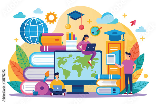 Students actively participate in remote learning, using laptops and surrounded by educational materials, Remote education and learning,