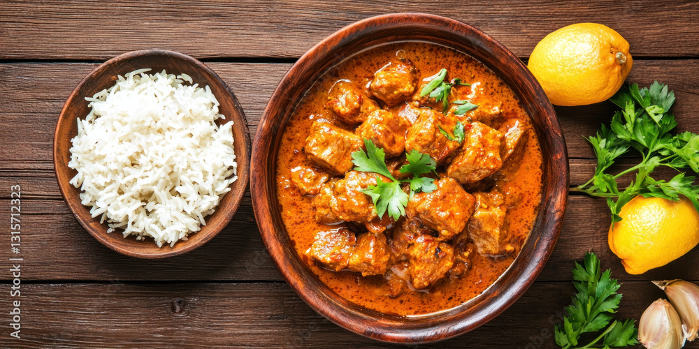 Aromatic Burmese curry with tender meat and fragrant spices served with rice Aromatic Burmese curry with tender meat and fragrant spices served with rice