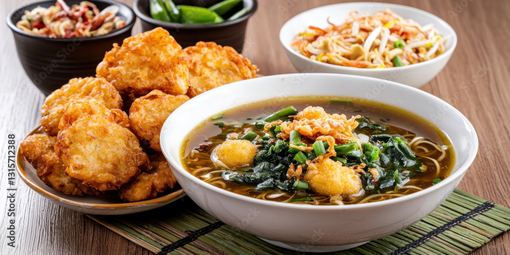 Burmese mohinga fish noodle soup with crispy fritters and side dishes Burmese mohinga fish noodle soup with crispy fritters and side dishes