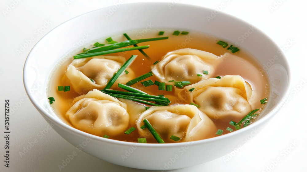 Wonton soup with clear broth and chives in white bowl Wonton soup with clear broth and chives in white bowl