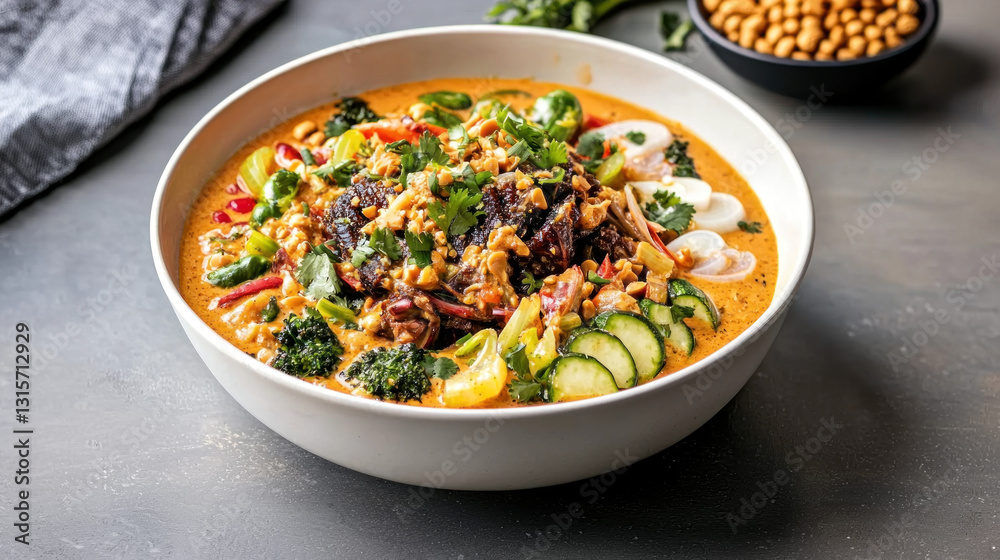 vibrant bowl of Filipino kare kare with oxtail, vegetables, and peanut sauce vibrant bowl of Filipino kare kare with oxtail, vegetables, and peanut sauce