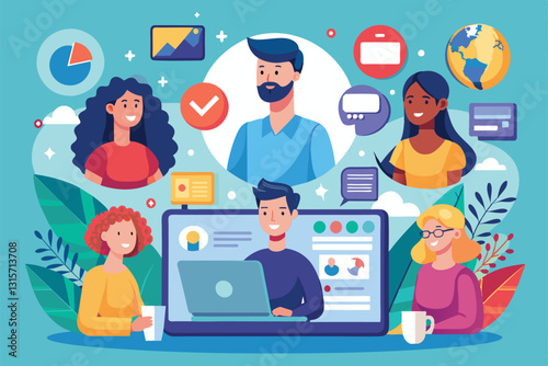 A diverse remote team collaborates online with various digital tools and elements in a lively workspace, Remote team Customizable Flat Illustration