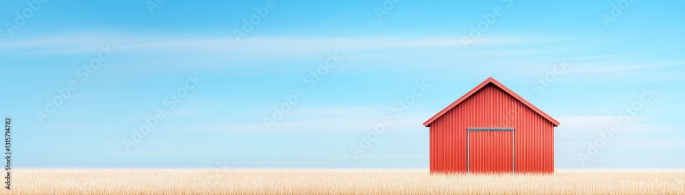 A bright blue sky contrasts with a solitary red barn set against a golden field, creating a serene rural landscape. A bright blue sky contrasts with a solitary red barn set against a golden field, creating a serene rural landscape.