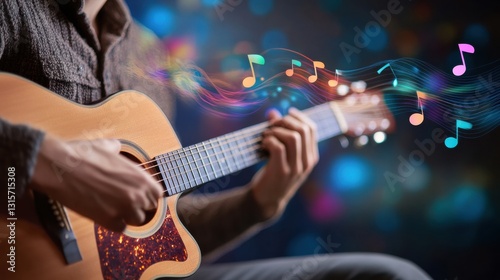 A realistic photo of a musician playing a guitar, hands strumming. Floating vector icons of musical notes, and a sound wave,