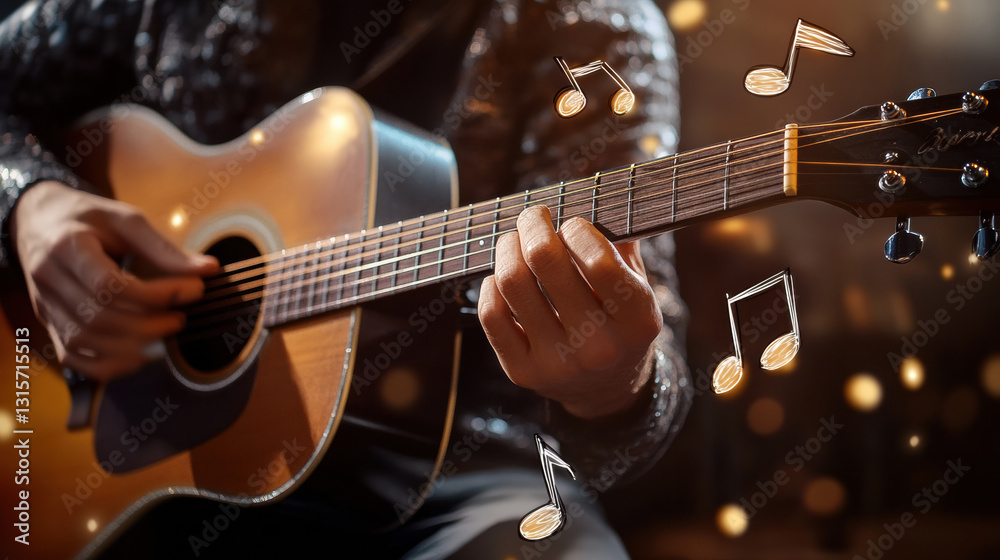 Obraz premium A realistic photo of a musician playing a guitar, hands strumming. Floating vector icons of musical notes, and a sound wave,