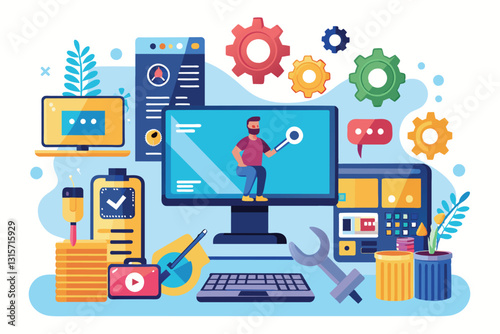 A technician is engaged in computer software repairs, with various tools and devices around, Repairs to computer software