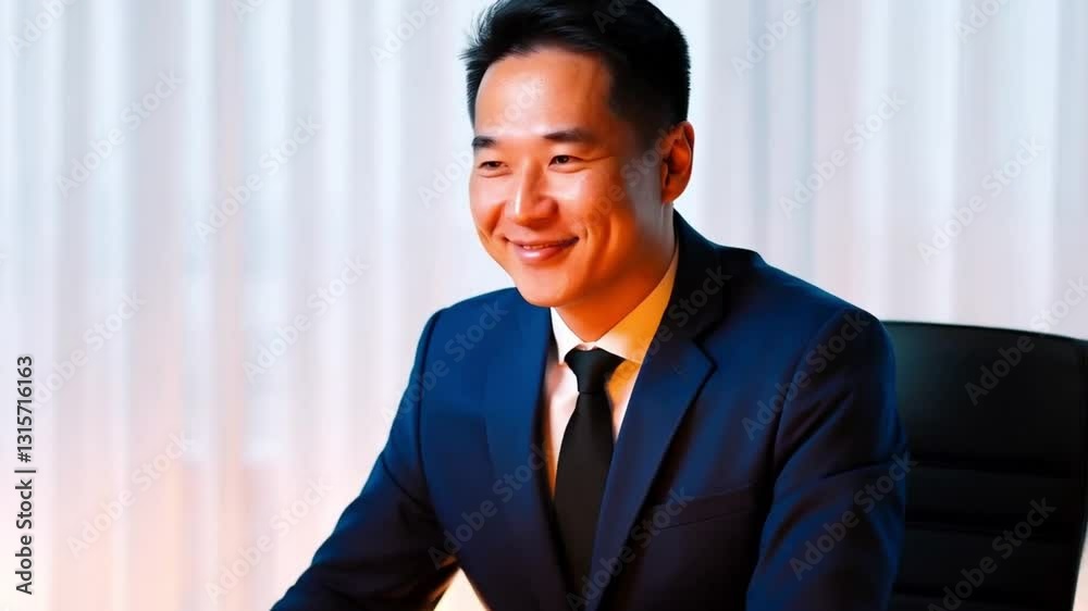 A confident asian young businessman using a computer in an office A confident asian young businessman using a computer in an office