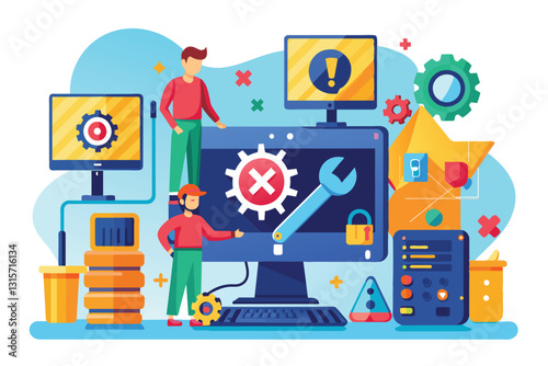 Technicians identify and resolve computer issues using tools and equipment in a bright workspace, Repair troubleshooting on the computer